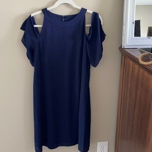 Navy dress with high neck and cut out sleeves